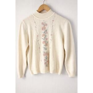 Alfred Dunner Petite PM Floral Embroidered Mock Neck Sweater Ivory